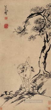  antigua Pintura - tinta china antigua de pino y ciervo